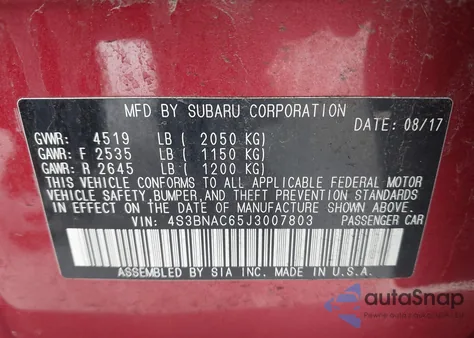 2018 Subaru Legacy 2.5I Premium из США, поврежденный, VIN 4S3BNAC65J3007803